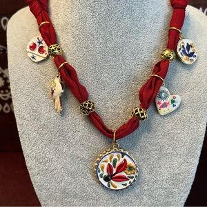 Handcrafted Dark Red Solid Bandana Boho Necklace with Multicolor Ceramic Charms